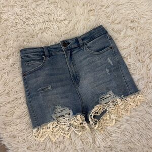 Francesca's Collections Blue Jean Shorts with Cream Lace